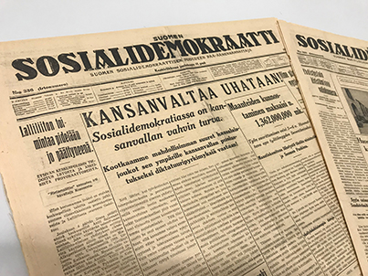 Suomen Sosialidemokraatti -lehden etusivu 11.12.1929