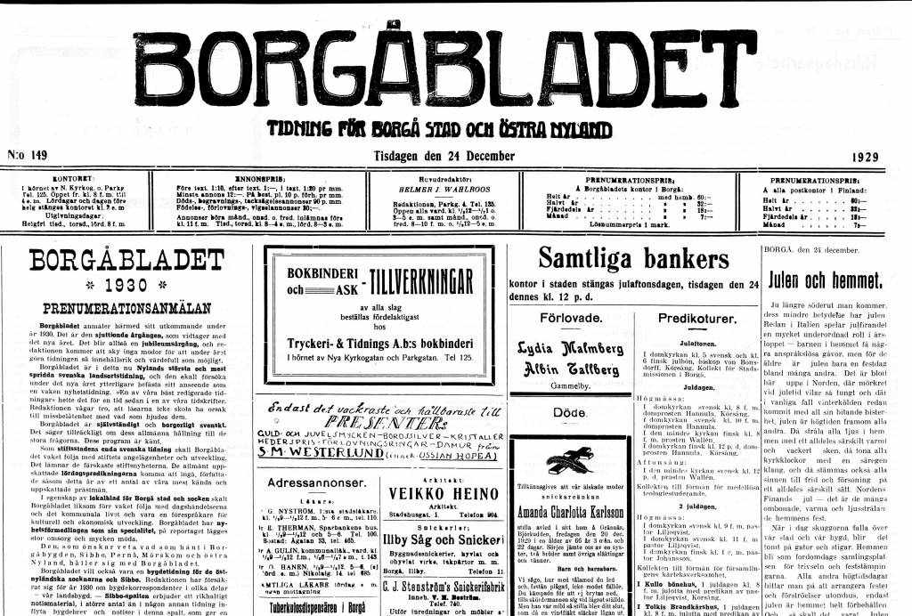 Borgåbladet-sanomalehden etusivu jouluaattona vuonna 1929 näkymä, jossa palstoja ja palstoissa tekstiä.