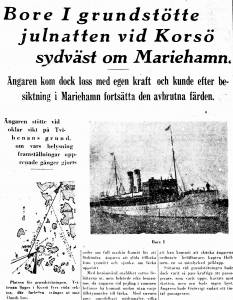 Uutinen päivältä 27.12.1929 lehdessä Åbo Underrättelser laivasta Bore ensimmäinen, joka joutui merellä vaikeuksiin jouluyönä 1929. Kuva laivasta ja kartasta, jossa kuvattuna vaikeuksiin joutumispaikka.