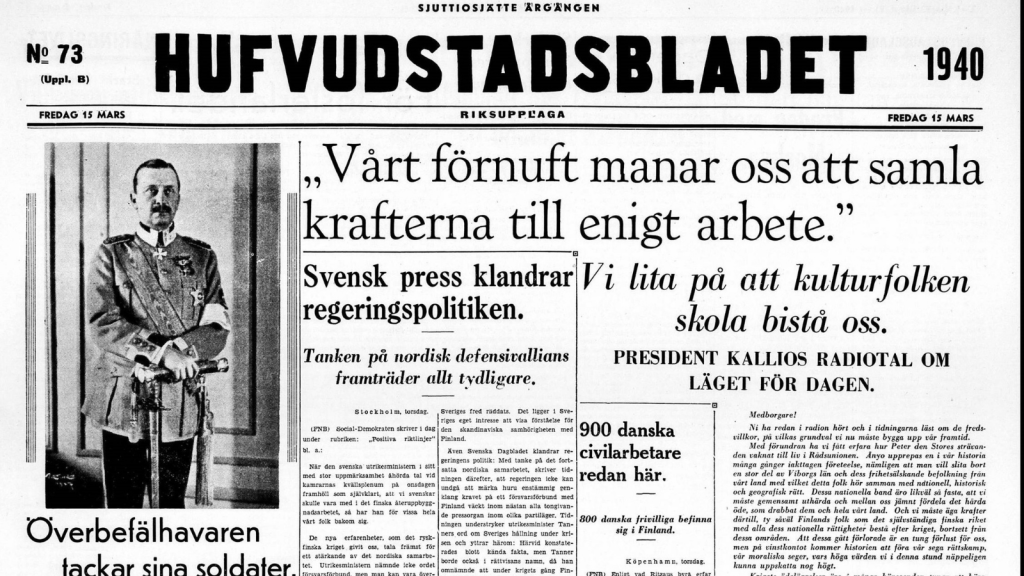 Huvudstadsbladetin etusivu vuodelta 1940, jossa on kuva marsalkka Mannerheimista