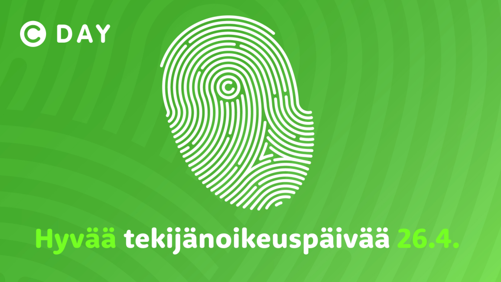 C-day-kampanjan sormenjälkeä esittävä logo, jossa keskellä copyright-merkki. Teksti: "Hyvää tekijänoikeuspäivää 26.4."