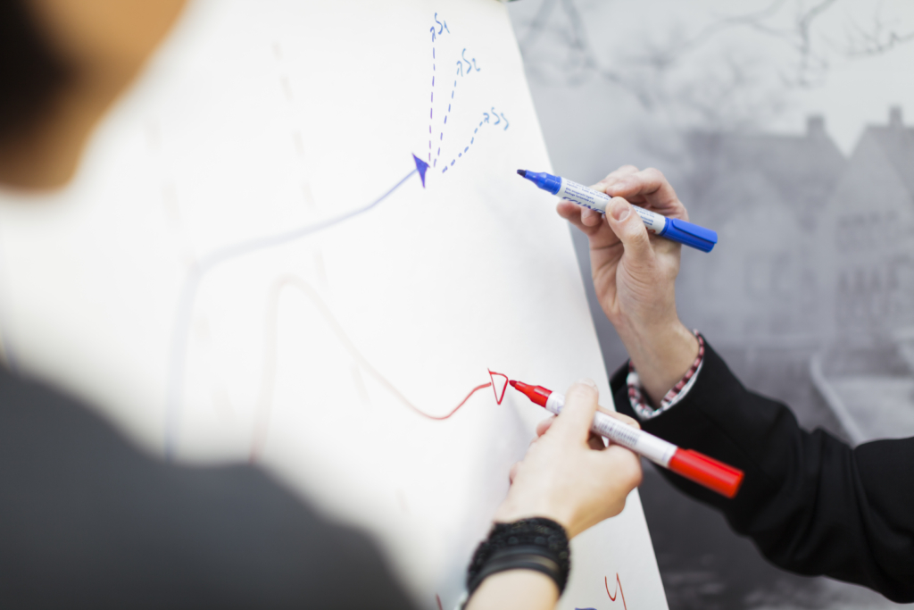 Two hands drawing on a flipchart.