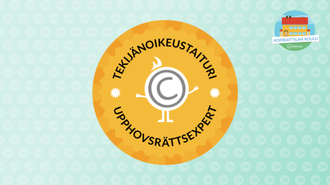 Kultainen tekijänoikeustaituri-osaamismerkki turkoosilla taustalla. Oikeassa yläkulmassa Kopiraittilan logo.